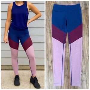 Outdoor Voices Women’s Tri Color Block Leggings Size Small Blue Burgundy Pink